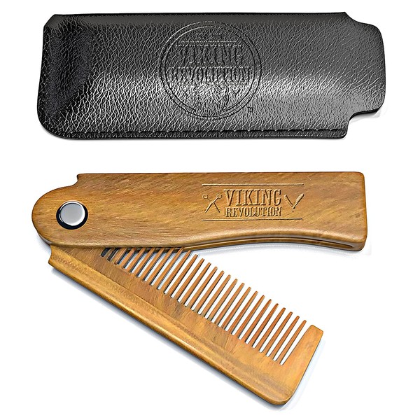 Folding Beard Comb w/Carrying Pouch for Men - All Natural Wooden Beard Comb w/Gift Box - Green Sandalwood Comb for Grooming & Combing Hair, Beards and Mustaches by Viking Revolution