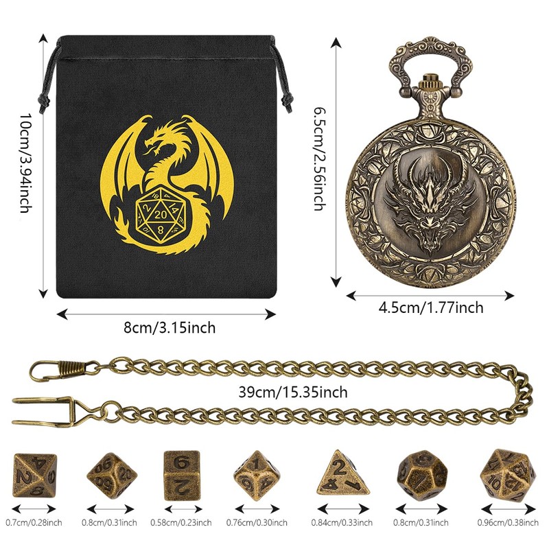 Mini DND Dice Set, with Steampunk Dragon Head Pocket Watch