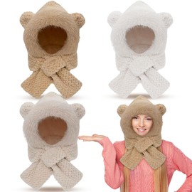 Silicherry 3 Pcs Winter Bear Ear Beanie Hat Scarf Women Kawaii Fluffy Knit Hat 2 in 1 Cute Warm Fuzzy Japanese Balaclava Cap for Christmas Hood Clothes, Beige, Khaki, White