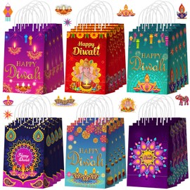 Yeaqee 24 Pcs Diwali Paper Gift Bags Return Gifts Bags for Pooja Indian Party Goodie Bag with Handle Festival of Lights Treat Candy Pouch for Indian Deepawali Celebration Party Return Gifts Supplies