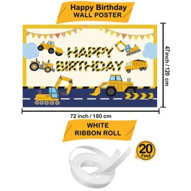 Construction Theme Happy Birthday Decoration Digger Excavator Truck Banner Dump Truck Excavator Crane Birthday Backdrop Photography Background for Boy Kids Children Party Decorations