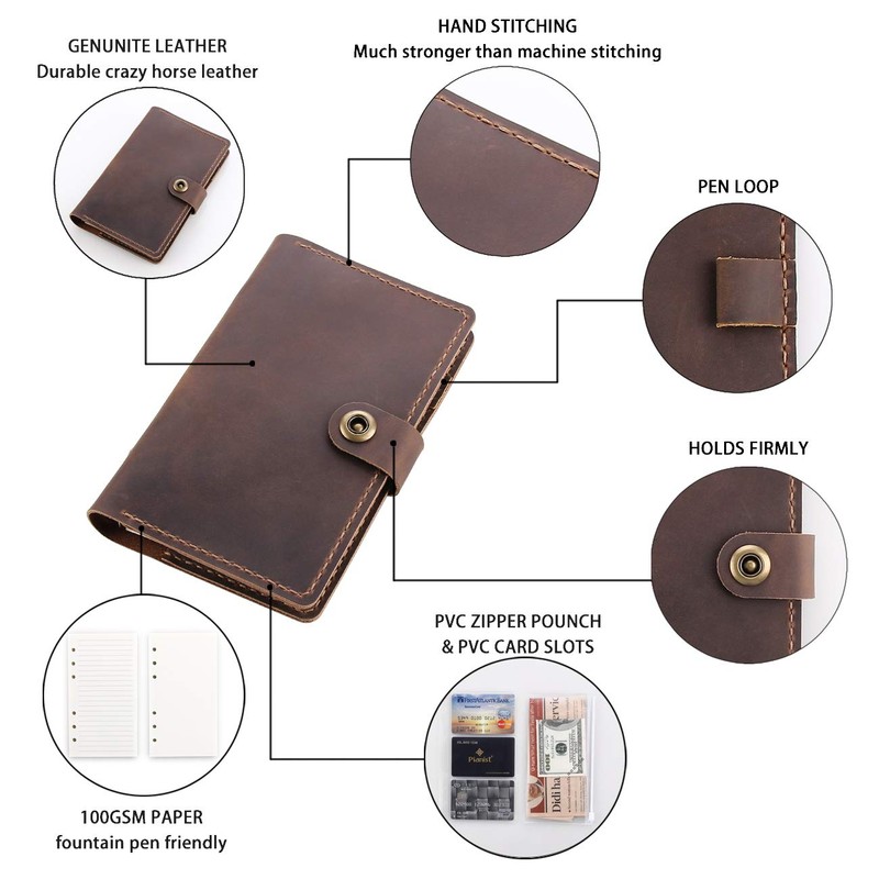 Leather Writing Journal Notebook Refillable, A6 Personal Size Traveler's Notebook