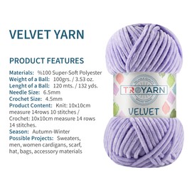 Troyarn 10144 - Hilo de felpilla de terciopelo para ganchillo y tejer súper voluminoso, 100 g (132 yardas)