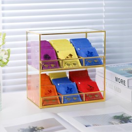 REDHUGO Glass Tea Bag Organizer for Counter, 2-Tier TeaBag Organizer Storage, Tea Holder for Tea Bags, Tea Caddy Tea Box Containers for Tea Bags, Tea Rack Teabag Station Stand for Cabinet Kitchen,Gold