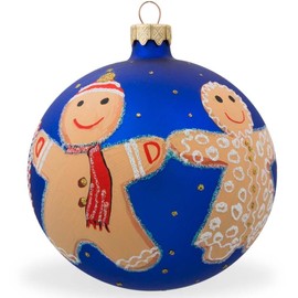 Gingerbread Family with Candy Cane Blown Glass Ball Christmas Ornament 4 Inches