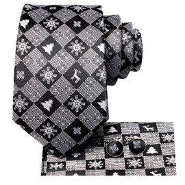 Hi-Tie Novelty Mens Christmas Ties Set Silk Woven Santa Reindeer Tree Snowflake Classic Festival Party Necktie Gift Box, Black White2, Medium
