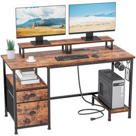 Furologee 47" Computer Desk with File Cabinet and Power Outlets, Home Office Desk with 2 Monitor Stands and Storage Drawer, Writing Gaming Table with Shelves and 2 Hooks for Bedroom, Rustic Brown