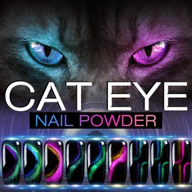 Cat Eye Chrome Nail Powder - 3Pc Get Cat Eye Effect and Chameleon Mirror Effect, 9D Galaxy Gem Glitter Metallic Manicure Pigment with Bonus Black UV Gel and Magnetic Stick - Unique DIY Set