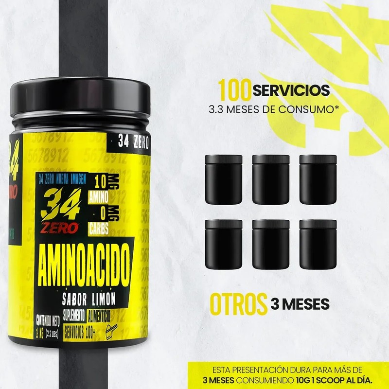 34 Zero Aminoácidos Bcaas Polvo 1kg Sabores 100 Servicios