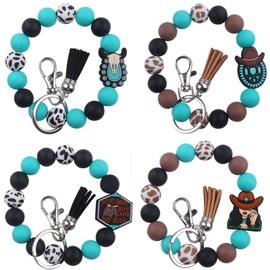 Phamines Silicone Beaded Turquoise Bracelet Keychains, Cowboy Bull Key Ring Keychain Wristlet Bangle Car Key Holder for Women (Western Cowgirl)