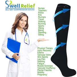 Swell Relief 4 Pair Medium Extra Soft Assorted Compression Socks, Moderate/Medium Graduated Compression 15-20 mmHg, For Men and Women. Nurses, Running, Travel & Flight Knee-High. 2 Black, 2 Navy