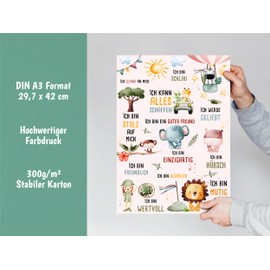 Affirmationsposter für Kinder – Stärke Selbstvertrauen & Positivität - Safari Dschungel Tiere Löwe Giraffe Elefant – A3 - Rosa