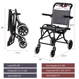 NealleMed Portable Wheelchair,Lightweight Foldable Transport Chair with Handbrake for Adults and Senoirs