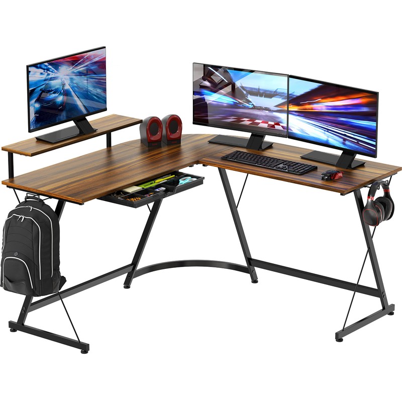 SHW Vista L-Shape Desk with Monitor Stand, Walnut