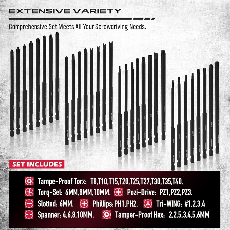 Extra Long Security Bit Set: 32-Piece S2 Steel Screwdriver Drill