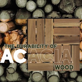 VICTORY RELAX Acacia Wood Patio Deck Tiles - 27 Pcs 12 Slats Interlocking Decking Tiles for Patio Decor, Waterproof Indoor & Outdoor Use, Garden Decking Tile (11.81 x 11.81 x 0.94) - White Oak