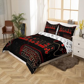 Gaming Bedding Set Queen,Black Red Gamepad Comforter Cover for Boys Girls,Kids Video Games Duvet Cover Set Console Game Bedspread Cover Fashion Teens Bedroom Decor 3 Pcs Bed Collection(No Comforter)