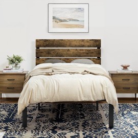 SHA CERLIN Rustic Style Platform Bed Frame with Wooden Headboard, Twin/Full/Queen Size, Strong Metal Slats Support, Easy Assembly, Only Frame No Mattress - Color: Dark Brown, mattress & bed frame size: FULL