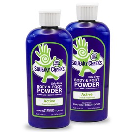 Squeaky Cheeks- Polvo refrescante para el cuerpo y los pies (5 oz) paquete de 2  Polvo totalmente natural y sin talco  Fórmula activa  Aroma fresco a 