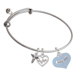 Delight Jewelry Baby Boy Blue Heart with Baby Feet - Silvertone Pediatric Medical Heartbeat Charm Bangle Bracelet