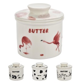 Pink Flamingos Butter Crock - French Style Ceramic Butter Keeper and Butter Dish with Lid, Pink and White Butter Holder for Countertop Storage, Airtight Container for Soft, Spreadable Butter