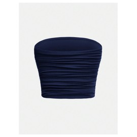 Floerns Girl's Basic Sleeveless Bandeau Kids Strapless Ruched Tube Tops Dark Blue 11Y