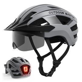 OutdoorMaster Helmets for Adults - Mountain & Road Bike Helmet with Rechargeable Safety Light, Detachable Goggles and Sun Visor - Easy to Adjust, Breathable, Lightweight - Matte Grey, Large
