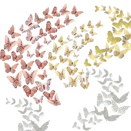 Allazone 108 PCS 3D Butterfly Wall Stickers Wall Decal Decor Art Decorations Sticker Removable Hollow Butterfly 3 Sizes for Room Home Classroom Offices Bedroom Decor, Rose Gold, Silver, Gold