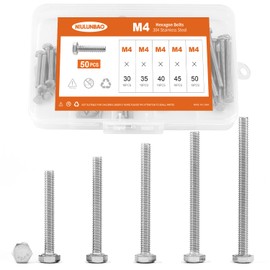 M4 x 30mm 35mm 40mm 45mm 50mm Heavy Duty Hexagon Bolts Hex Head Screws, 304 Stainless Steel, Metric Machine Fully Threaded, Bright Finish, Assortment Kit 50PCS