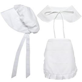 Jiuguva 3 Pieces Colonial Apron Pilgrim Costume Set Includes Tie on Collar and White Bonnet Large Size Apron for Girl Maid Costume Revolutionary Cosplay