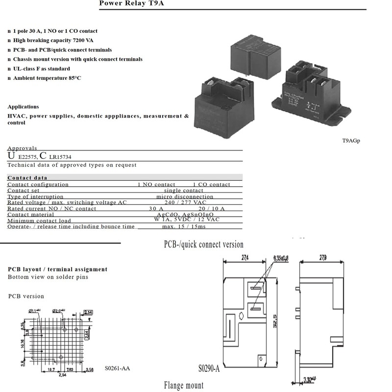 T9AS1D22-24 30A 4Pins Spst-No 240VAC High Breaking Capacity PCB Mount