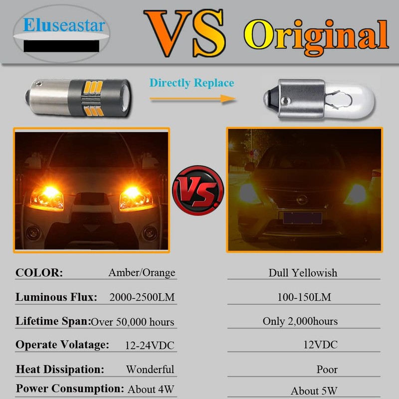 Eluseastar BAY9S H21W LED Bulbs Amber High Power 4000LM Extremely