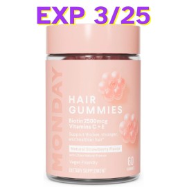 MONDAY Hair Gummies – Biotin 2500mcg + Vitamins C & E –SEE PIC FOR DATE