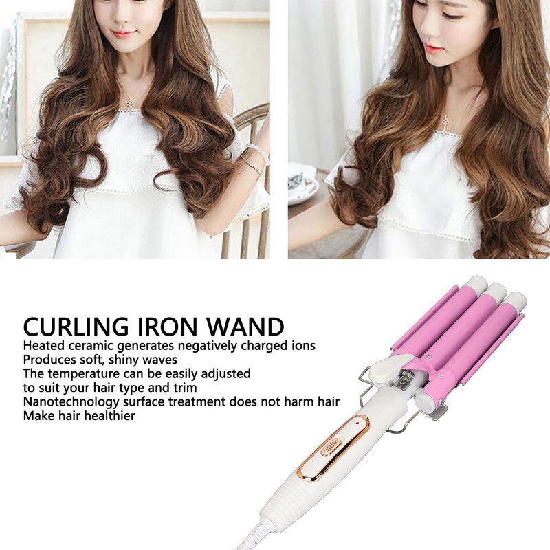 3 Barrel Curling Iron Wand Ceramic Glaze Coating Adjustable Frizz