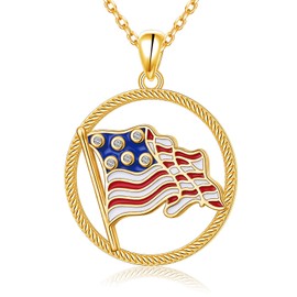 Alphm 925 Sterling Silver American Flag Necklace 18K Gold Plate Red White and Blue Pendant American Flag Patriotic Jewelry for Women Men
