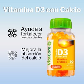 Vitamina D3 con Calcio | 90 Gomitas Frutales | Suplemento Alimenticio para Fortalecer Huesos y Dientes | 225 g