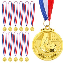 12 Pack Soccer Medals, Metals Gold Award Medals Soccer Trophy Team Participation Trophies with Red, White, And Blue Striped Ribbon Suitable for Sports Competitions Celebration and Party Favors