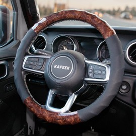 KAFEEK Wood Grain Steering Wheel Cover, Universal 15 Inch, Car Steering Wheel Protector Men Women, Comfort Finger Grips, Breathable Microfiber Leather, Anti-Slip, Black