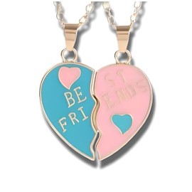 Best Friends Split Heart Pendant Necklaces, Pink and Blue Enamel, 2 Piece Set - Gift for Best Friends, Adjustable, Stainless Steel, Cubic Zirconia