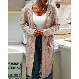 GeGekoko Women's Cardigan with Hood and Pockets, Casual, Long-Sleeved Chunky Knit Cardigan with Open Front, for Autumn, Winter, beige