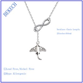 BEKECH Stingray Lovers Gift Stingray Pendant Lariat Y Necklace Manta Ray Ocean Sea Animal Jewelry for Stingray Fish Marine Animal Lovers Women (silver)