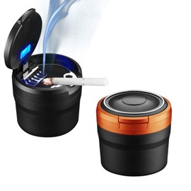 Geoyien Car Ashtray, Pack of 2 Ashtrays with Lid, Removable Car Ashtray with LED Light with Hinged Lid, Self-Extinguishing Ashtray for Cars, Vans, Outdoors, Camping (Orange/Black)