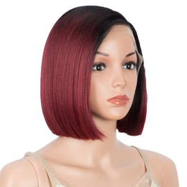 DÉBUT lace front wigs for black women Bob wigs for white women synthetic hair 9.5" 120g natural straight Swiss Lace Heat Resistant Fibers Half Hand Tied (simulated scalp 9.5", TT1B/BURG)