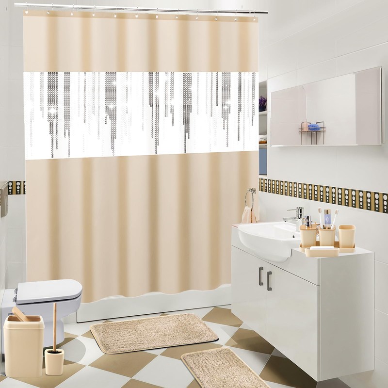 Beige Bathroom Accessories Set with Glitter Shower Curtain and Rugs,Bathroom