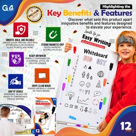 G4GADGET 12pcs Colourful Whiteboard Markers with Magnet & Eraser | Dry Wipe White Board Pens | Fine Tip, Low Odor, Non-Toxic Erasable Markers for Kids, Office, Classroom & Home Use