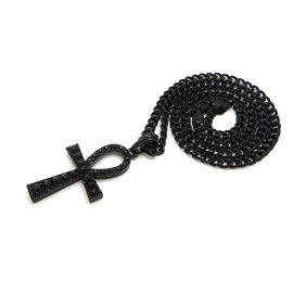 Icemond Black Stones Studded Ankh Pendant 5mm 24" Cuban Chain Necklace (Black - Ankh)