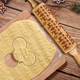 Embossed Wooden Rolling Pin, Natural Wood with Carved Snowflake, Elk, and Tree Patterns. Ideal for New Year and Valentine's Day Baking Embossed Cookies and Gift for Kids and Adults