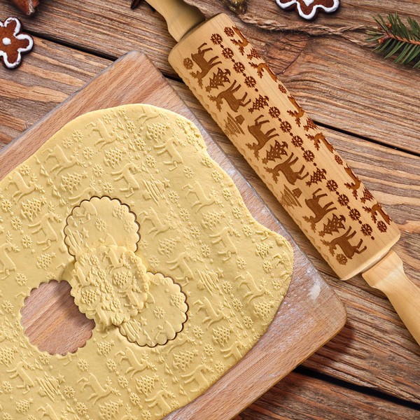 Embossed Wooden Rolling Pin, Natural Wood with Carved Snowflake, Elk,