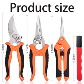 Garden Pruning Scissors Set, 4-Piece Stainless Steel Shears with Curved Handles, Sharpening Stone