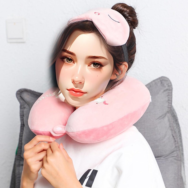 Kids Neck Pillow for Travel with Sleep Eye Mask, Cute